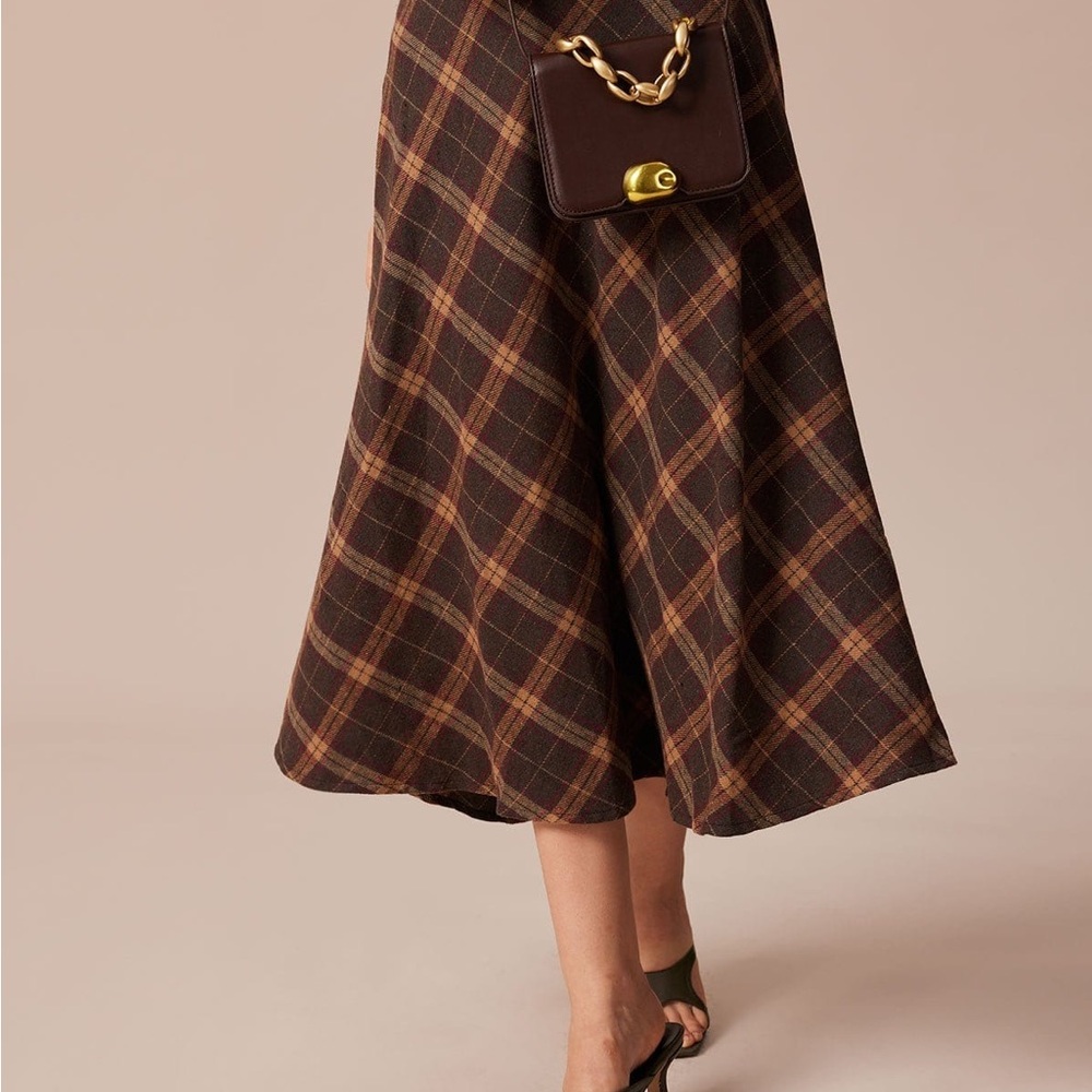 The Brown Elastic Waist Plaid A-Line Midi Skirt